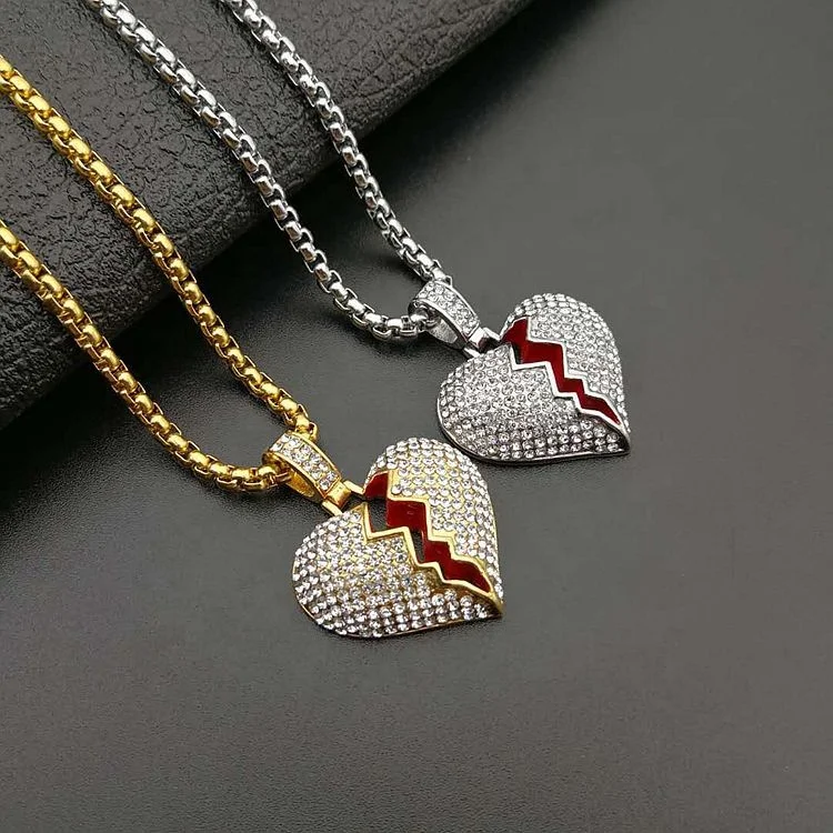 

2021 New Hip Hop Jewelry Accessories Stainless Steel Gold Plated Bling Micro Set Crystal Red Glue Broken Heart Pendant Necklaces