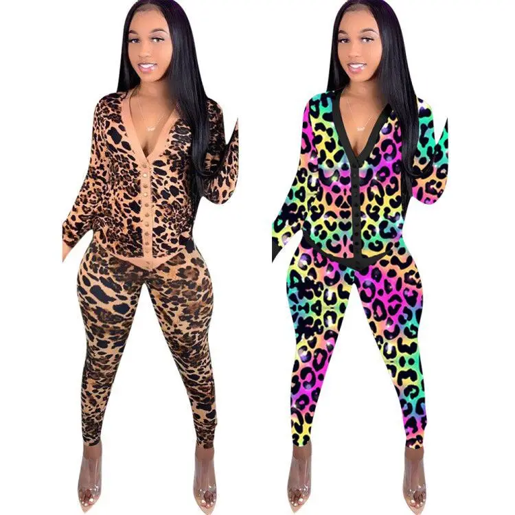 

L11 Online Design Boutique Apparel Animal Print Ribbed Cuffs Button Placket Casual two pieces set for women