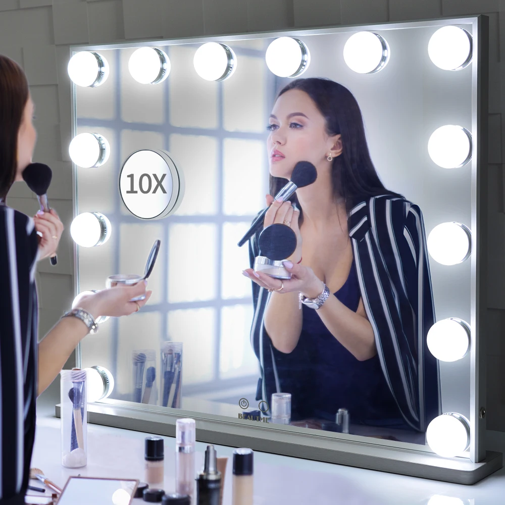 

Bedroom LED Lighted Cosmetic Mirror Wall Mounted Makeup Vanity Hollywood Mirror with 14lbulbs lights, Silver
