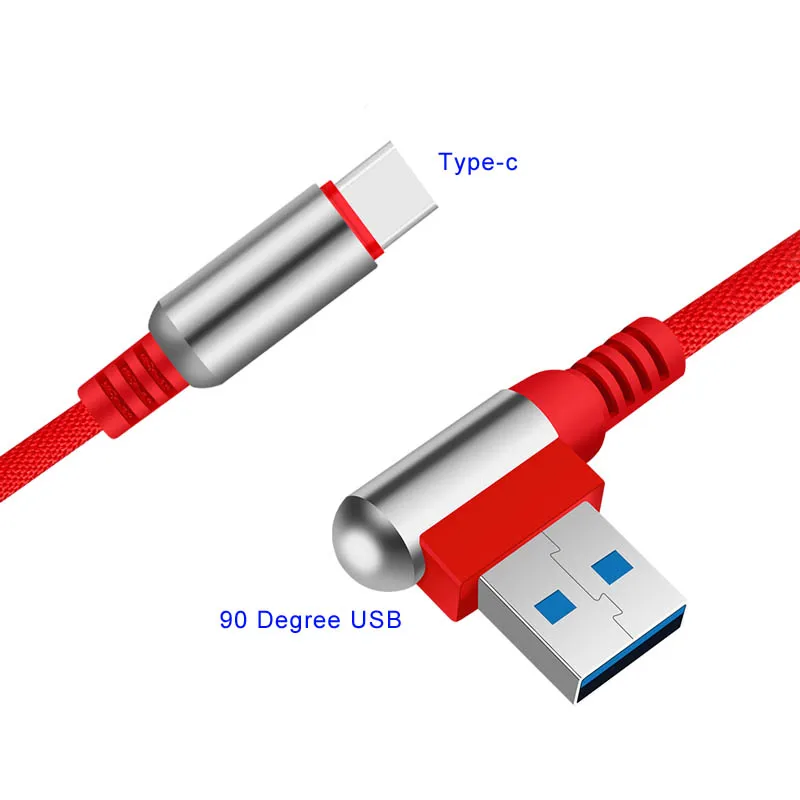 

High Quality Weaving Zinc Alloy 90 Degree 2.1A Usb Charging date Cable Quick Charger For Type C Mobile phone, Black,blue,red