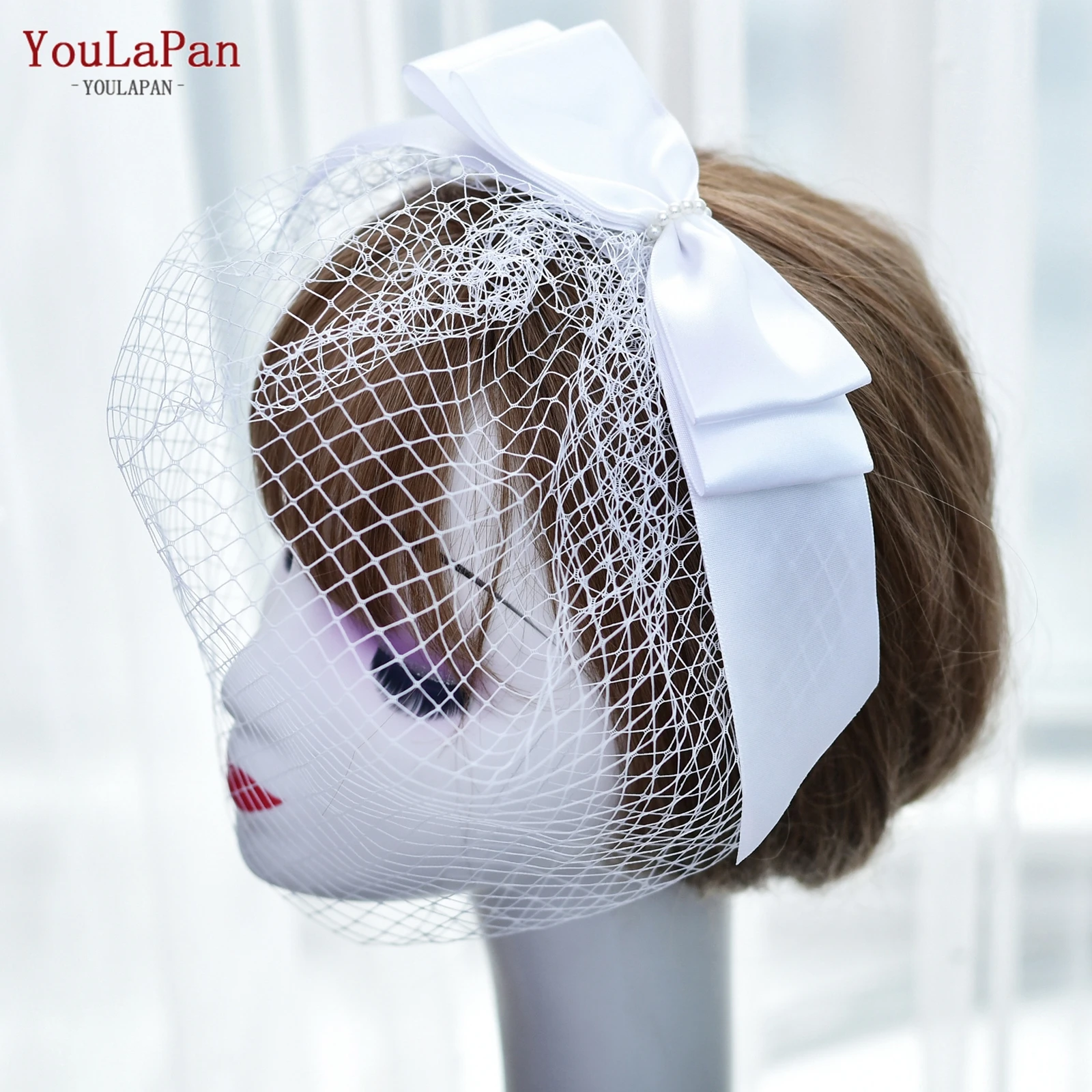 

YouLaPan VA03 Party Daily Head Accessories Veil Hat White Bow Ribbon Decoration Veil Wedding Bride Pearl Wedding Veil