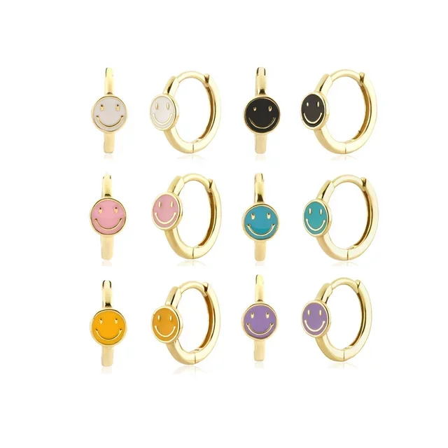

2021 Gold Plated Purple Enamel Smiley Face Women Huggie Hoop Earrings Happy Smile Face Charm Jewelry, Picture
