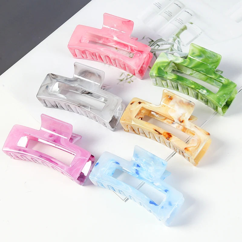 

Hot Sale Colourful Liquid State Pattern Hair Claws Fashion Hair Accessories For Women Hollow Out Rectangular Plastic Claw Clips