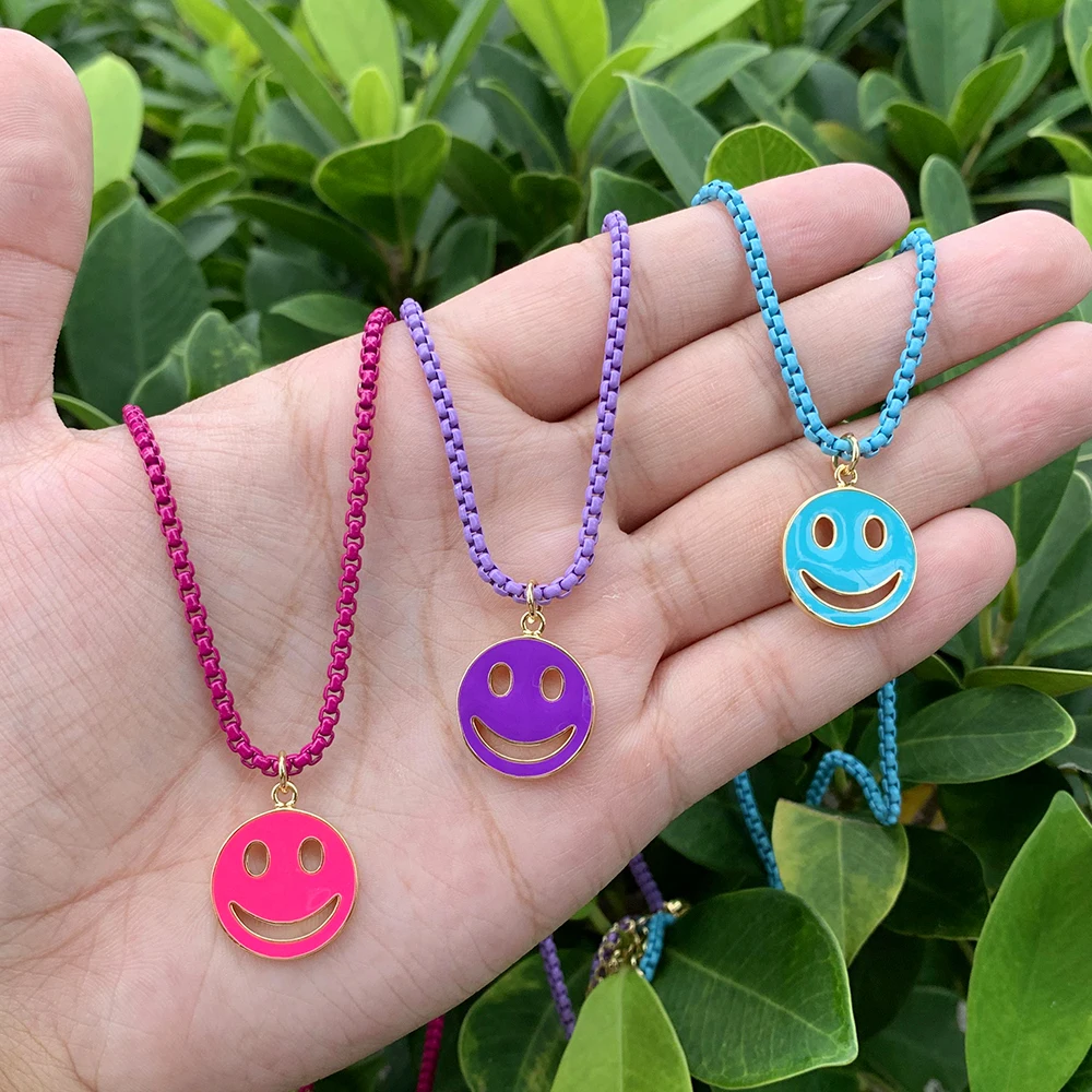 

Classic Style Happy Face Brass Enamel Pendant Enamel Box Chain Necklace Multi-color Matching Necklace Jewelry