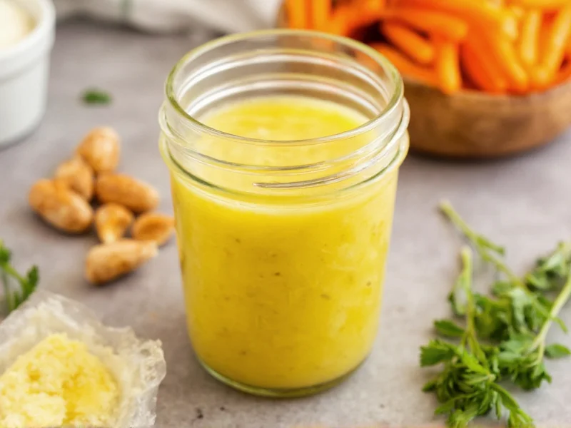 Homemade honey mustard sauce in mason jar with fresh ingredients