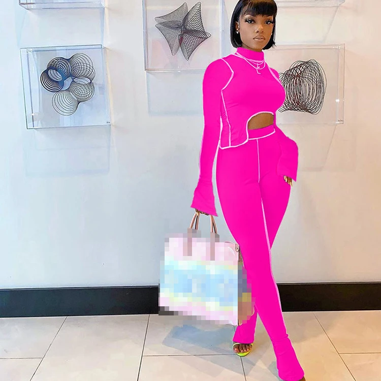 

2021 Spring Fashion Mock Neck High Waist Long Sleeve Flare Sleeve Streetwear Casual Women Tracksuits Two 2 Piece Pants Sets -YS, Orange,black,rose red