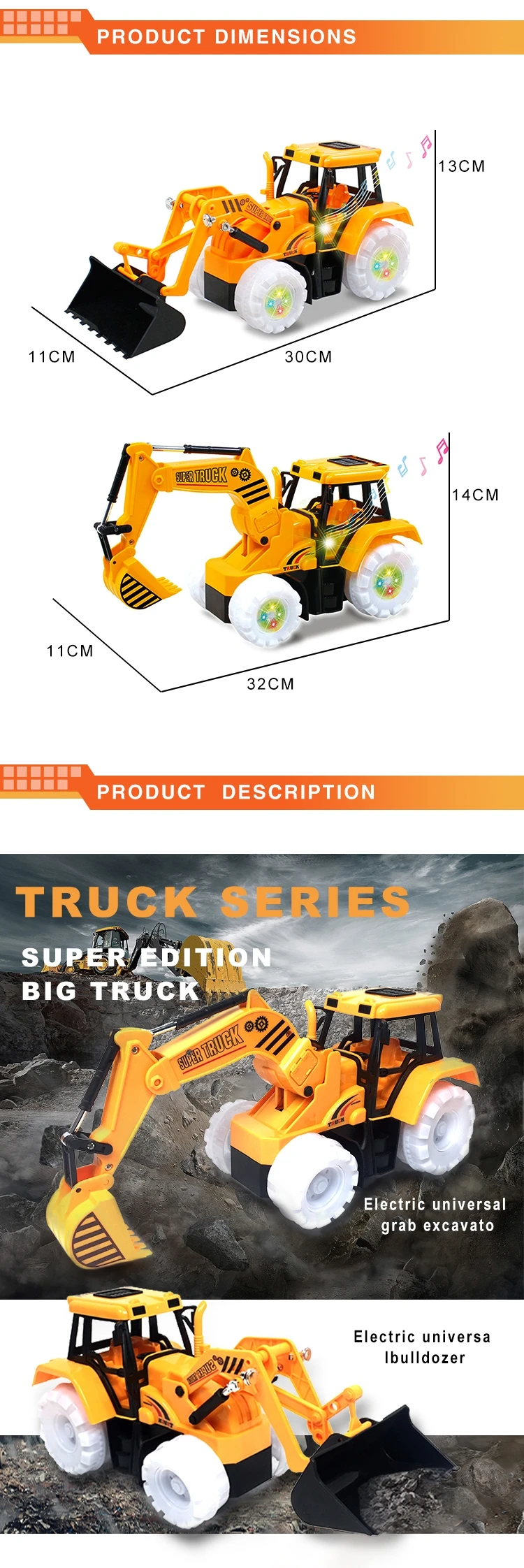 Wholesale electric excavator model construction vehicles toy with light music
