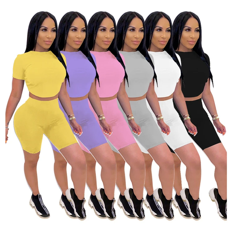 

0620M086 Cheap Price Short Sleeve Open Back Summer 2021 Women Two Piece Set Solid Color Casual Short Clothing 2 Piece Set