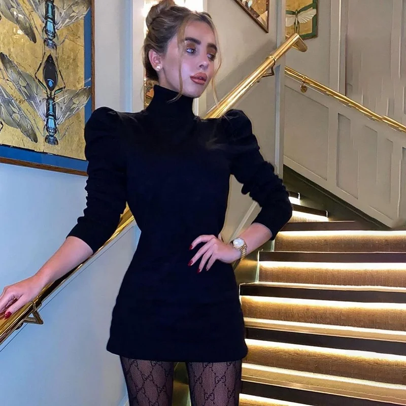 

2021 spring wholesale high neck women dress puff sleeve solid color tight package buttocks drawstring pencil folds ladies dress