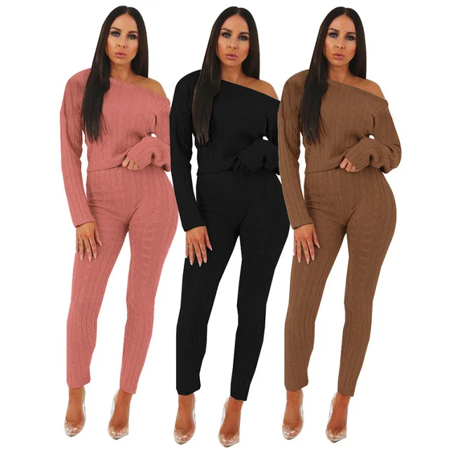 

2021 New Arrivals Fashion Knitwear Set Women High Waist Long Sleeve Two Piece Pants Set, Black/pink/coffer