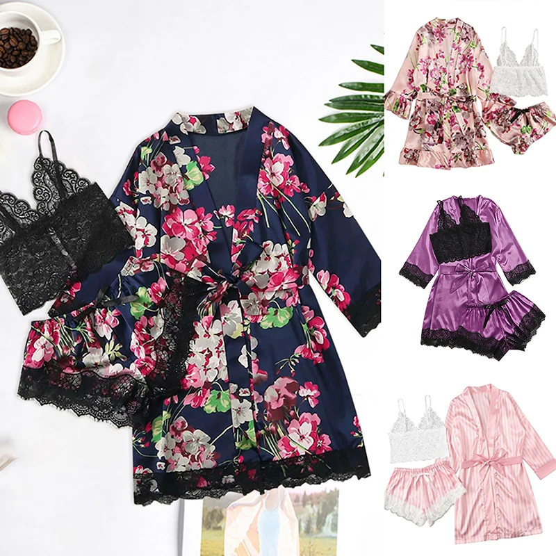 

Long sleeve Womens Pajamas Sexy Lace Lingerie Nightwear Underwear Sleepwear 3PC Suit Pajama Sets For Women Pajama, 6 colors