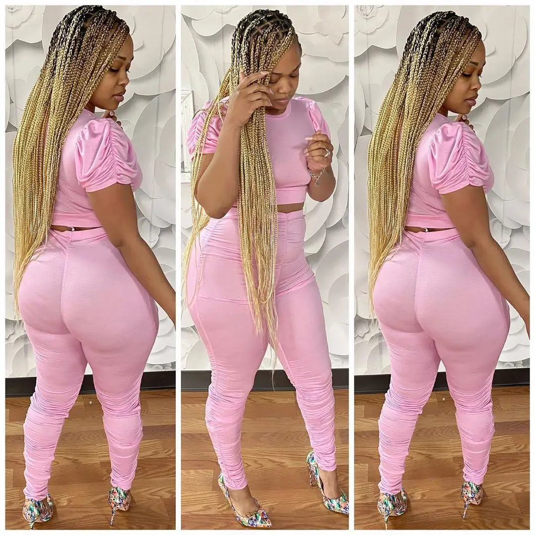 

Wefans Amazon solid color pleated puff sleeve casual pant suits set for women summer, Picture color