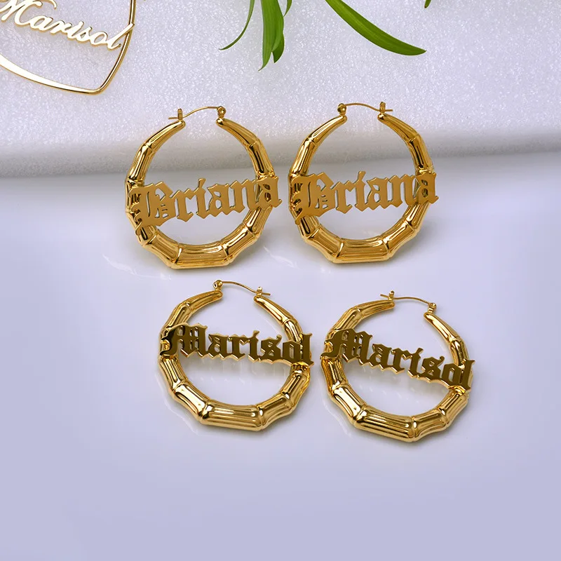 

Bamboo Style Stainless Steel Customize Name Bamboo Hoop Earrings