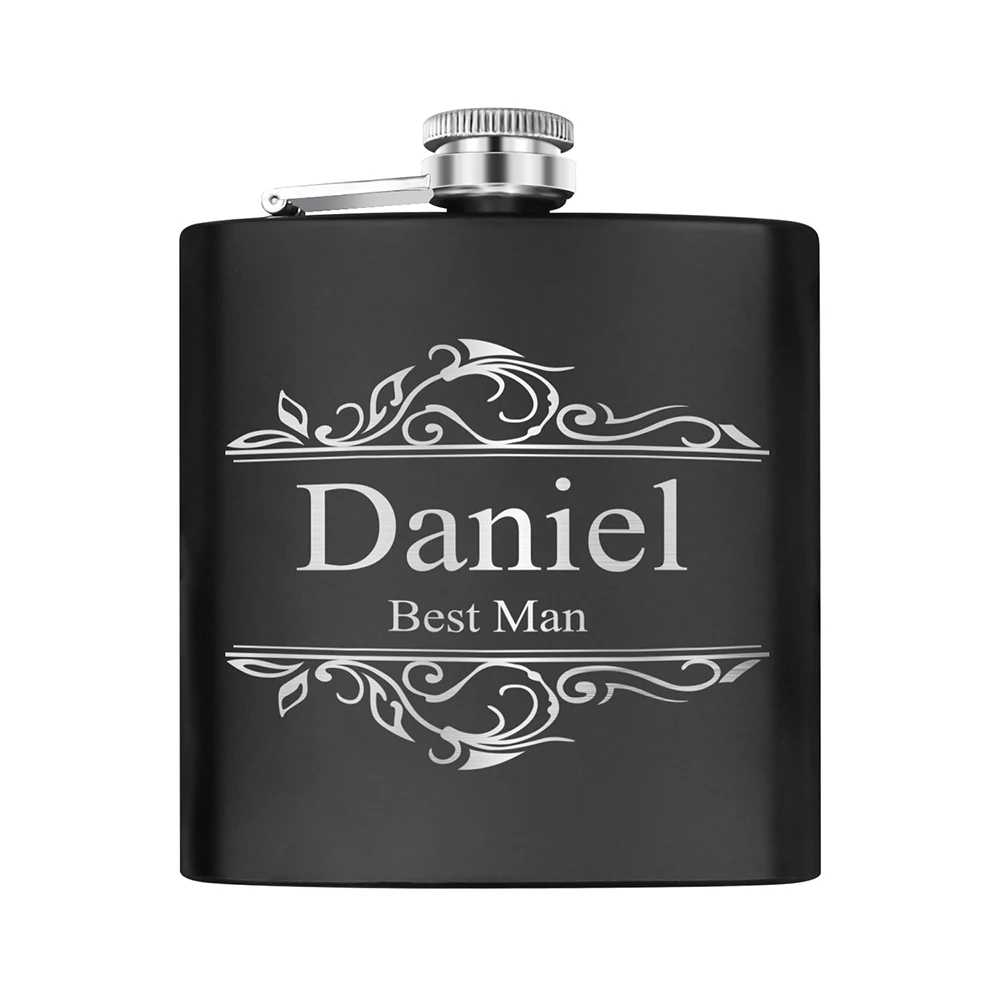 

Custom Engraved 6oz Black Stainless Steel Hip Flask With Box OEM Wedding Favors Best Man Gift for Groomsmen Gifts