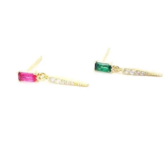 

high quality 925 sterling silver 18k gold plated fashion emerald red CZ zirconia spike drop stud earrings, Picture