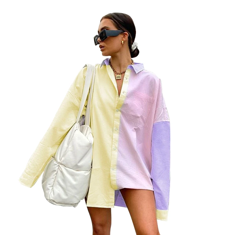 

Boyfriend Design Patchwork Office Fashion T Shirt Color Stitching Long sleeves Tees Cotton Casual Womens Shirt