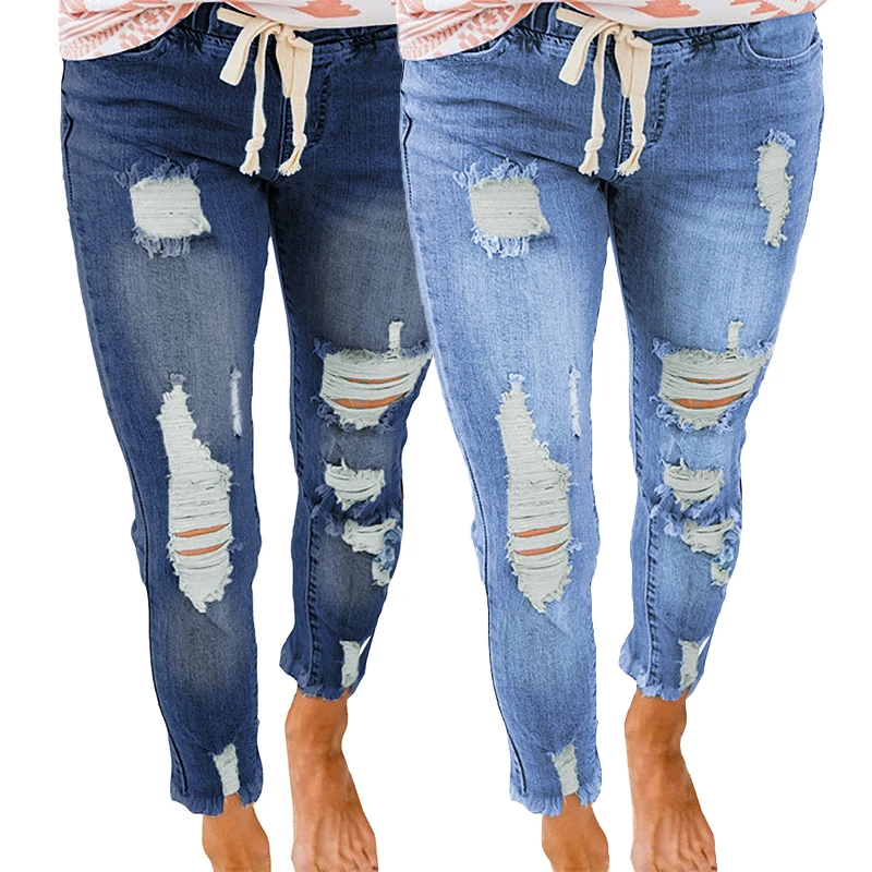 

High Quality Casual Women Bottoms Drawstring Elastic Waist Destroyed Ripped Boyfriend Denim Jeans