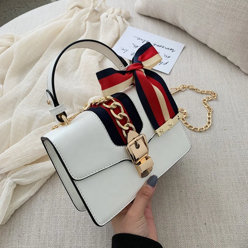 

Fashion Solid PU Leather with Scarf Chain Tote Handbag Cross Shoulder Small jelly Mini Bag New Ladies Hand Bags