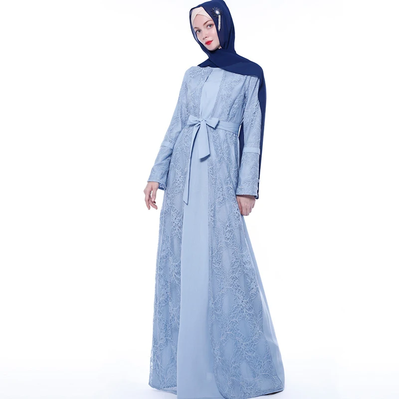 

Latest Arabic Muslim Islamic Clothing Women Abaya Dubai Kaftan Long Sleeve With Lining Belt Lace Maxi Dress, 1 color in stock