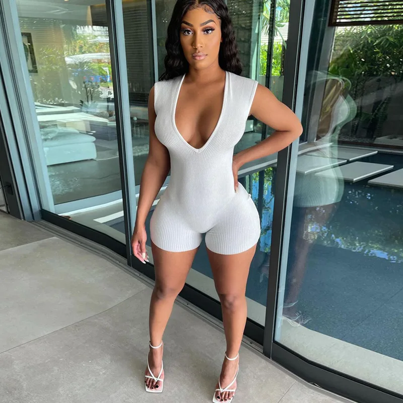 

Deep V Neck Sleeveless Outfits Short Jumpsuit Wholesale New Arrivals Summer Solid Color for Women 2021 Above Knee Photo Shows