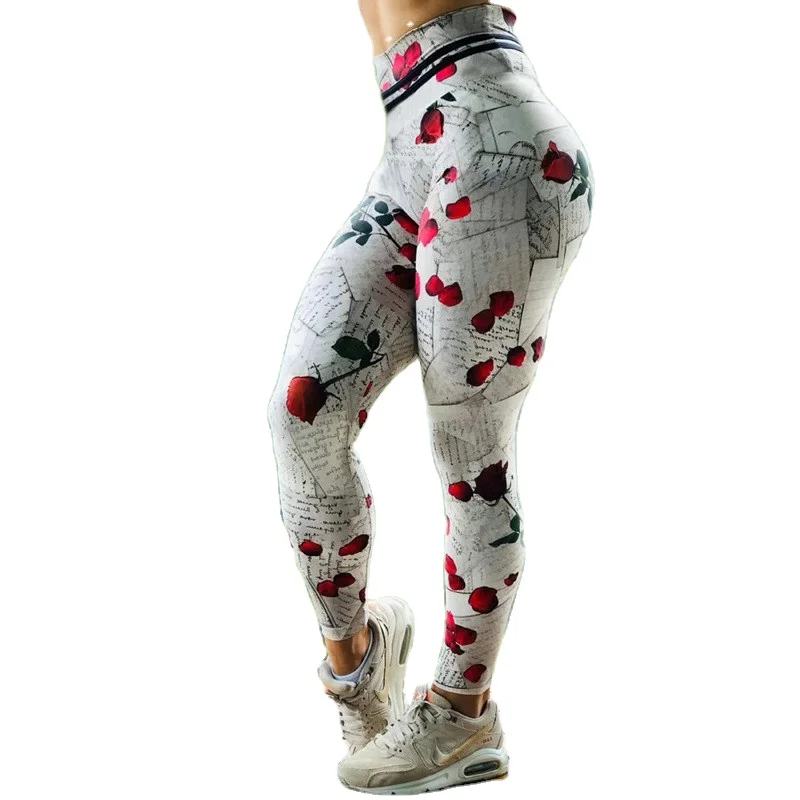 

WIIPU New style yoga pants quick-drying base digital printing pants rose pattern sports tights fitness pants