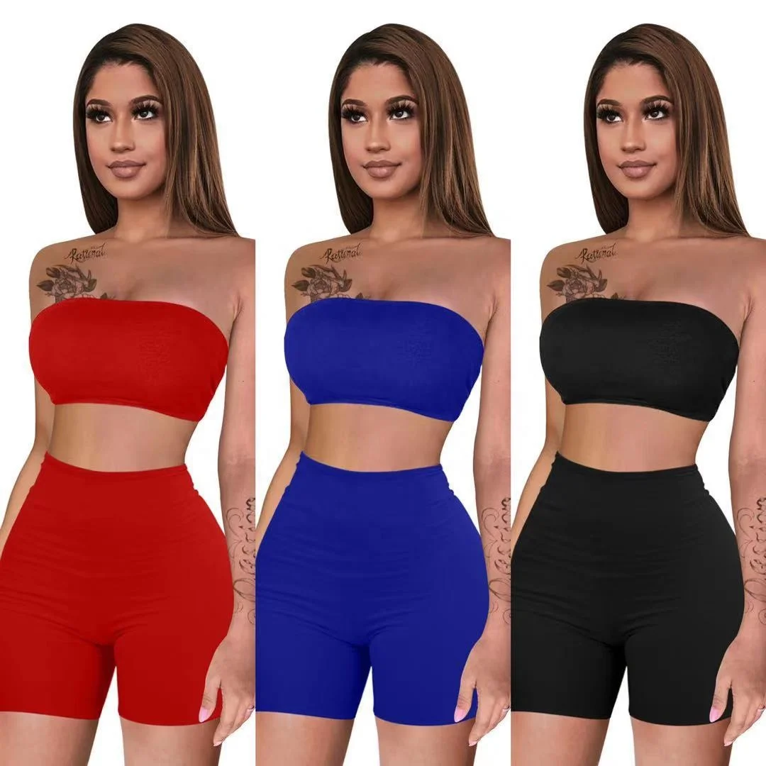 

LW - 787 Custom logo summer plain tube top and shorts set sleeveless strapless 2021 women two piece shorts set