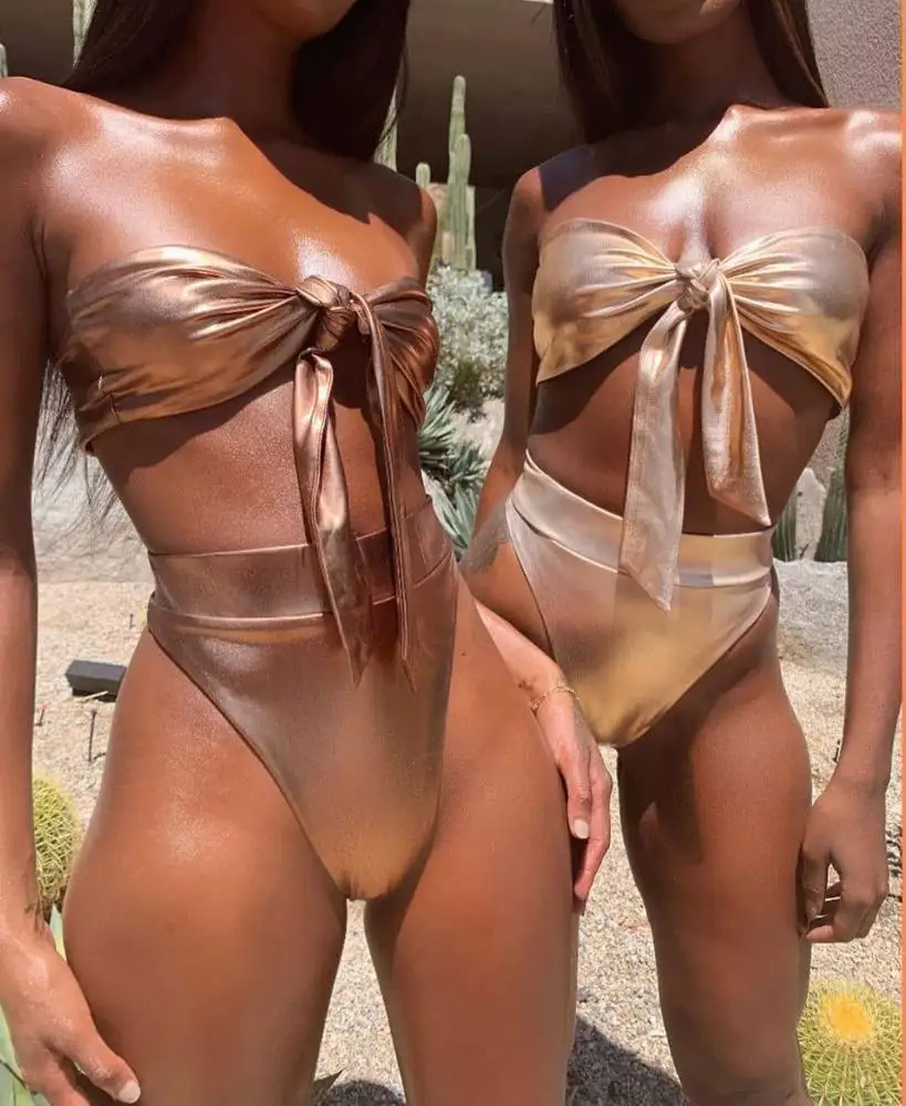 2019 New Hot Gold Tube Top High Waist Swimwear With Bow Two Piece Sexy Bikini