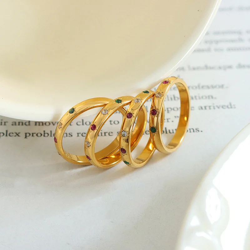 New Arrival Waterproof Jewelry 18k Gold Plated Colorful Cubic Zirconia Rings For Women