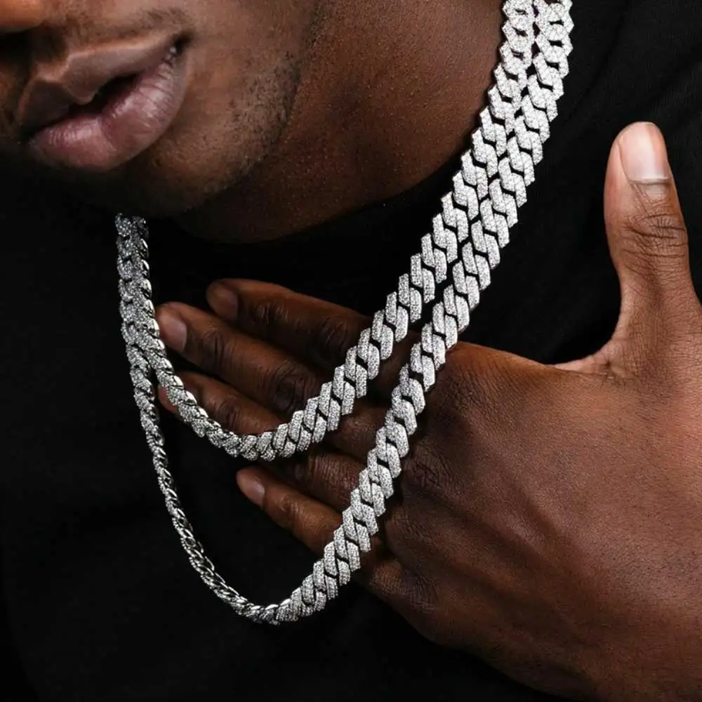 

Wholesale Europe and America Street Rap Bar Men Bracelet Hip Hop Necklace 14mm Double Row CZ Cuban Chain