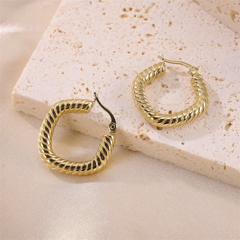 

High polished Chunky Hotselling Twisted Square Hoop Earrings Tarnish Free Real Gold Plated Stainless Steel Hoop Earrings Jewelry