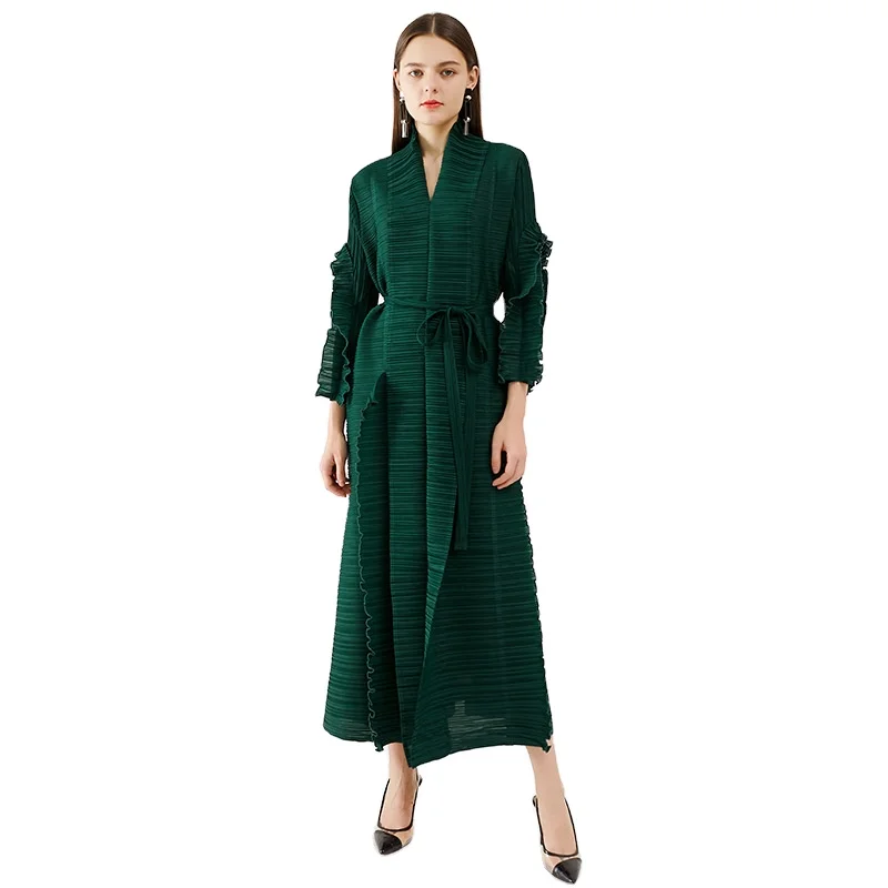 

NEW Pleated petal sleeve dress lapel cardigan Sashes plus size high long green dress women aesthetic clothes Elegant retro show