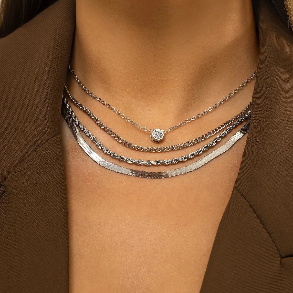

SHIXIN Hot Sale 4 Multi Layered Shiny Rhinestone Pendant Necklace Jewelry for Women Fashion Twist Snake Chain Necklace