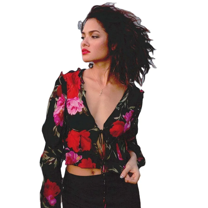 

2021 spring new fashion girl Print Chiffon shirt sexy women's long sleeve T-shirt