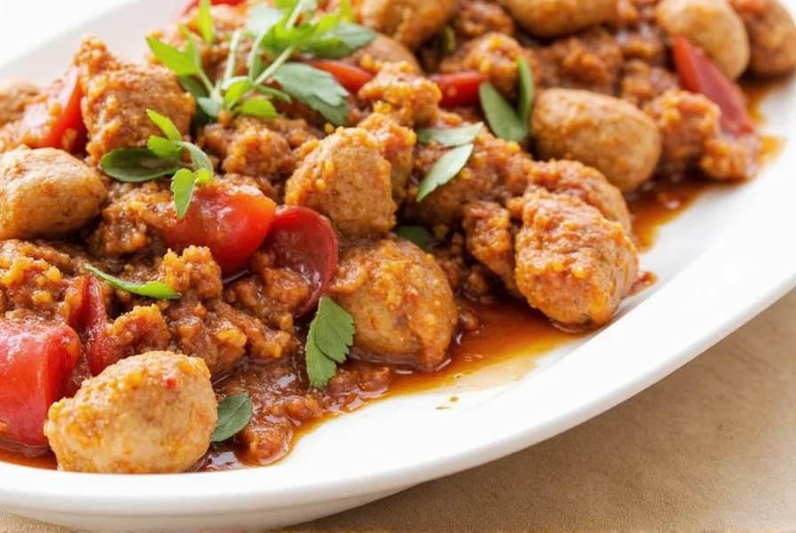 Serving of chicken vindaloo with rice and garnish