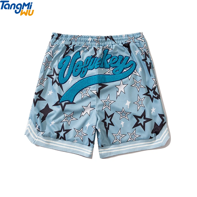 

New Summer stars print Stripe sports sweatshorts 100 cotton loose oversize streetwear Embroidered 5 Way mesh men sweat shorts