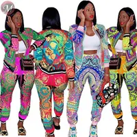 

9100712 newest multicolor printed short jacket casual Pant 2019 Women Two Piece Outfits Set