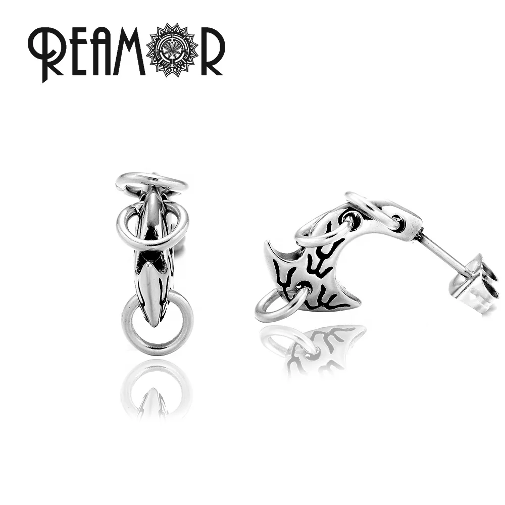 

REAMOR Men 2021 Fancy Viking Punk Battle Axe with Hoop 316L Stainless Steel Piercing Stud Earrings Jewelry for Men, Silver color