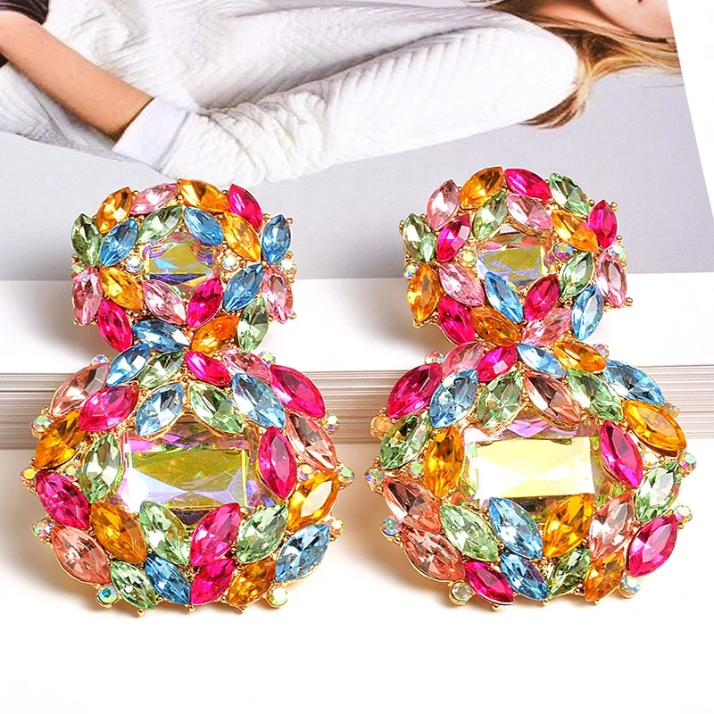 

Kaimei 9 colors 2021 newest hot selling models statement Crystal Earrings High-quality Colorful Rhinestones Drop Earrings women, Many colors fyi
