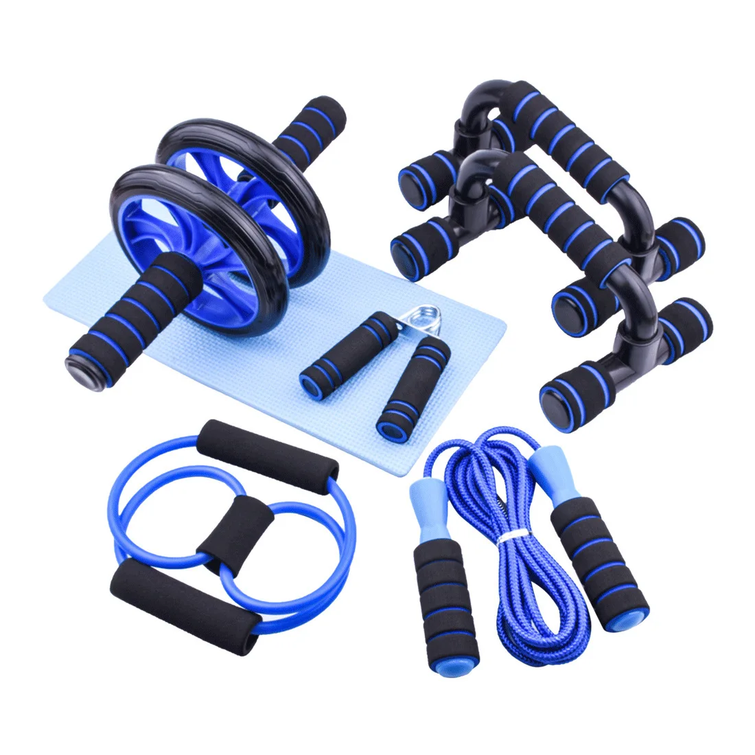 

6 In 1 Blue Fitness Ab Wheel Roller Set With Knee Mat,Jump Rope,Push Up Bar,Hand Gripper,8 Shape Chest Expander For Home Gym