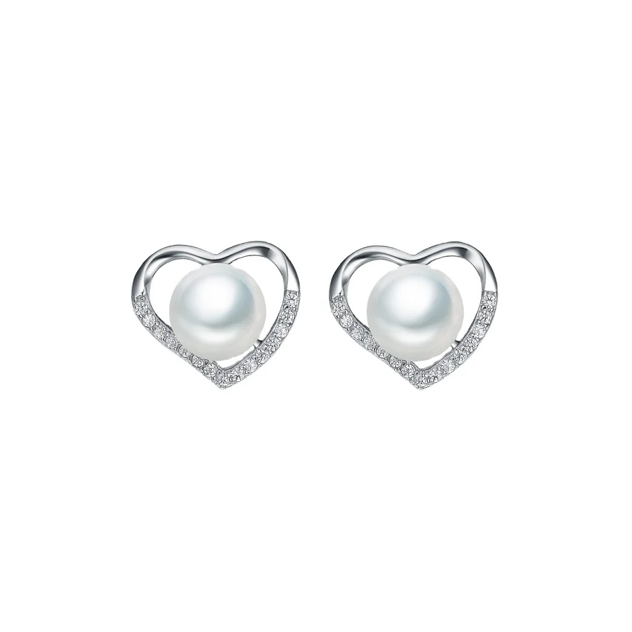 

GPA2-013 Natural Fresh Water Round Pearls Heart Earring Silver Jewelry 925 Sterling Earrings Pearl