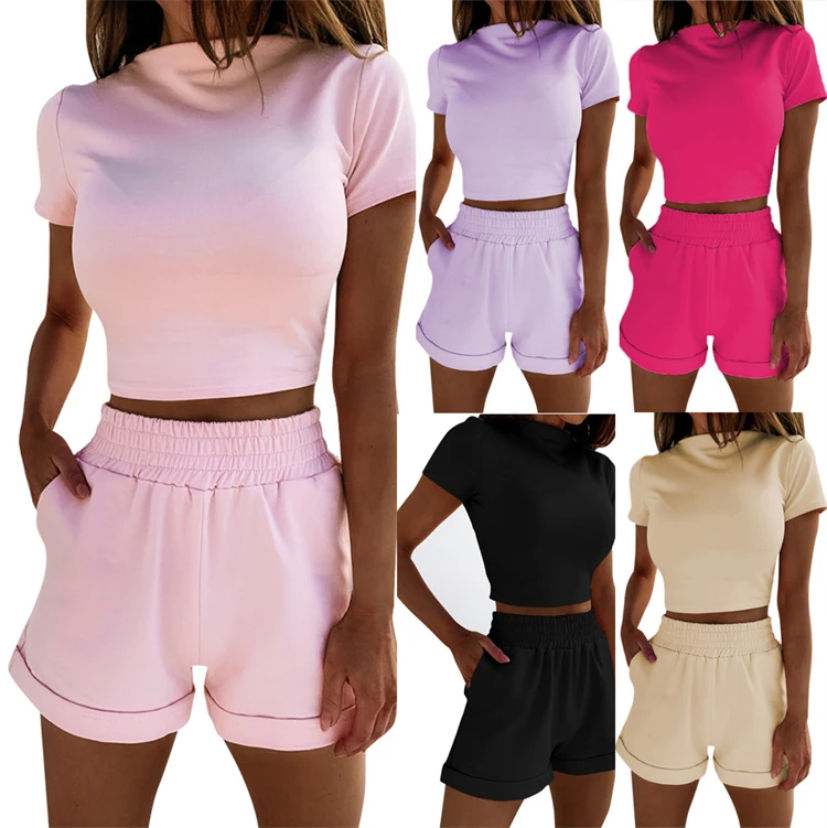 

Two Piece Outfit Casual Short Sleeve Crop Tops and High Waist Shorts Two Piece Set Women Clothing Short Set