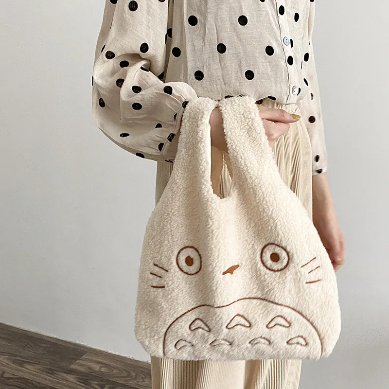 

2021 Winter Trend Cute Totoro Embroidery Furry Corduroy Women's Handbags Warm Lambswool Skin Friendly Hand Bags