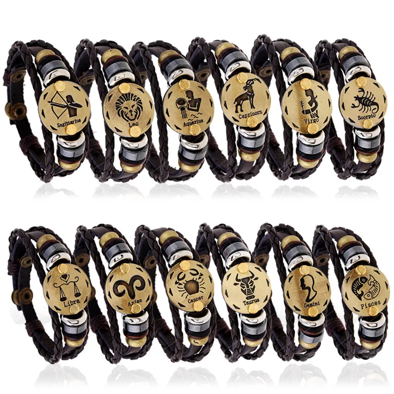 

Hot Selling Fashionable Zodiac Leather Bracelet Birthday Gift Woven Adjustable Leather Zodiac Bracelet, As picture