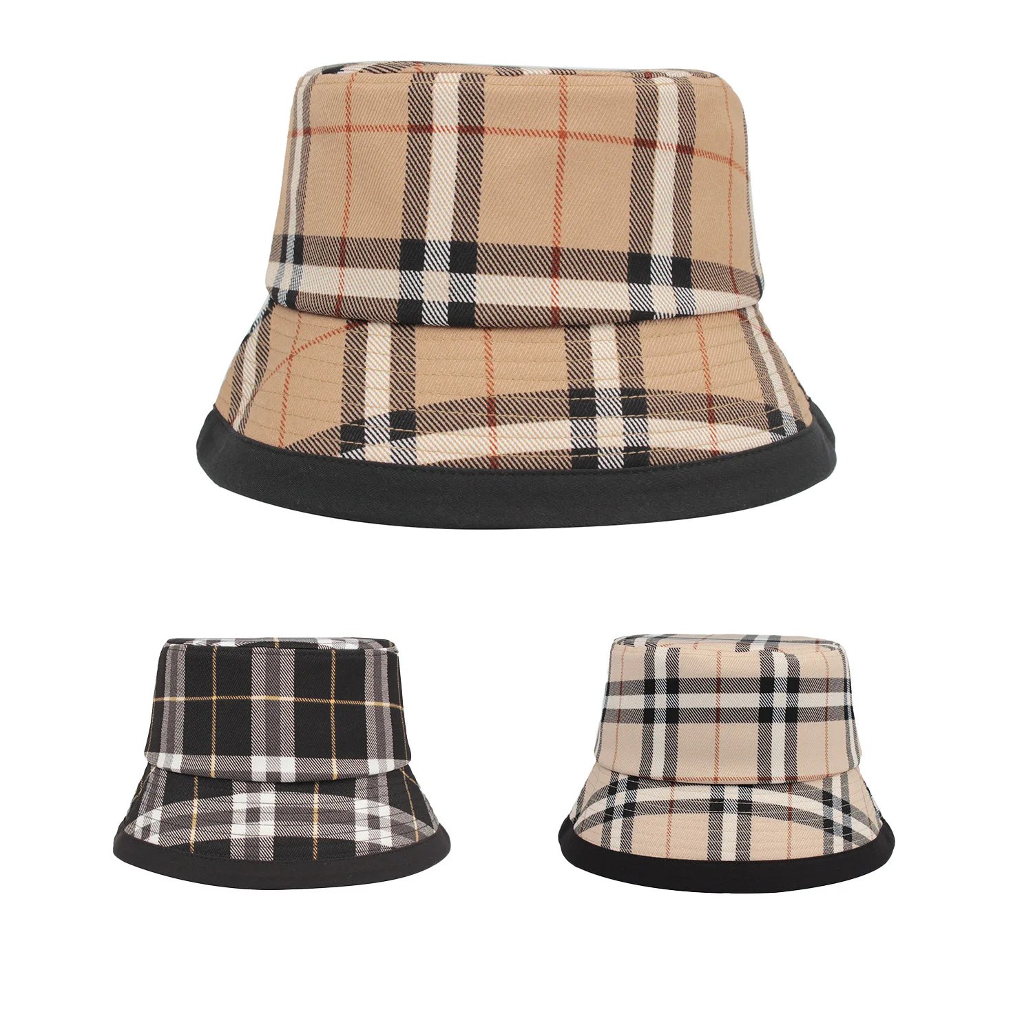 

Double-sided new casual checkered wide brim basin cap sun protection custom fisherman's bucket hat reversible
