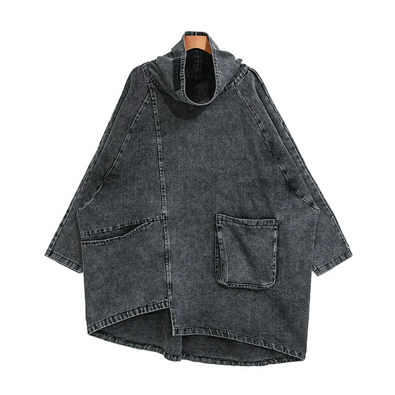 

OUDINA New High Neck Pullover Sweatshirt Oversized Jean Dresses Irregular Denim Jackets For Ladies, Black