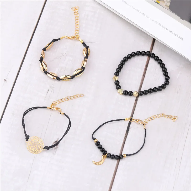 

Black Braided Rope Bracelet 5pcs pack Shell Rosary Gold Jade Bracelet Set, As same as picture