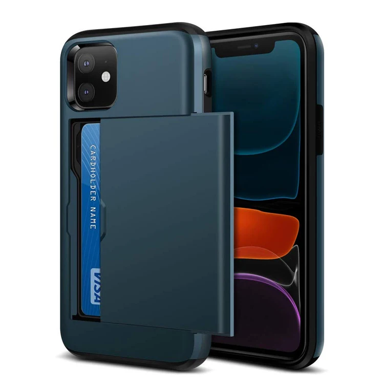 For iPhone 11 Case, Credit Card Holder Wallet Sliding Cover For iPhone 11 6.1 Dual Layer Shockproof Cover Case