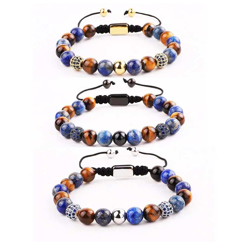 

High Quality New design Custom Logo Natural Stone Tiger Eye Lapis Lazuli Beads CZ Beads Macrame Bracelet Men