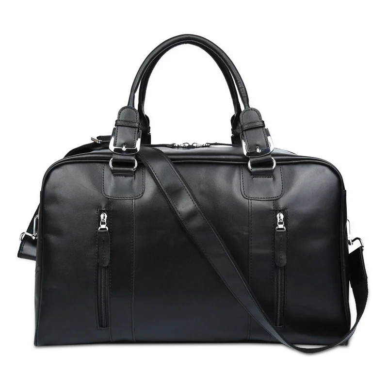 

Custom Logo Black Waterproof Genuine Leather Gym Bag Duffle Bag Real Leather Weekend Travel Bag