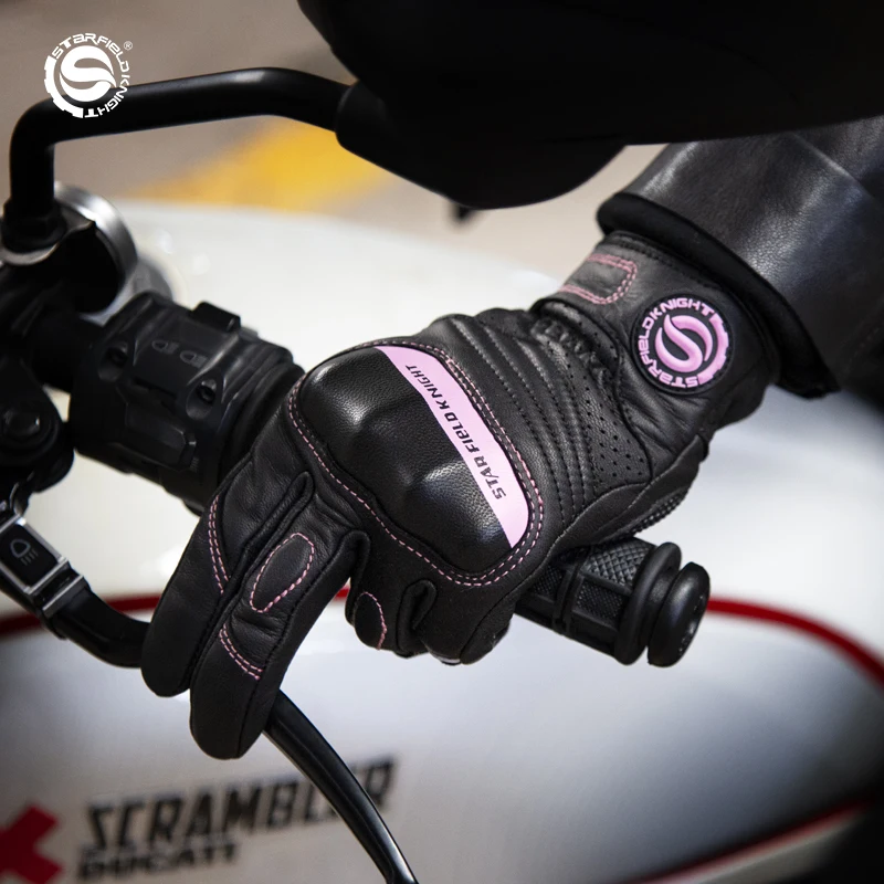 

SFK Black Pink White Red Vintage Goat Skin Soft Leather Cool Motorcycle Racing Cycling Non-Slip Gloves for Women/ Motorbike, 3 color